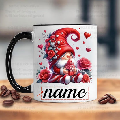 Personalized "Valentine Gnome with Cupcake & Roses" Ceramic Coffee Mug – Custom Name Romantic Gnome, Love & Sweet Treats Novelty Cup (M1155)