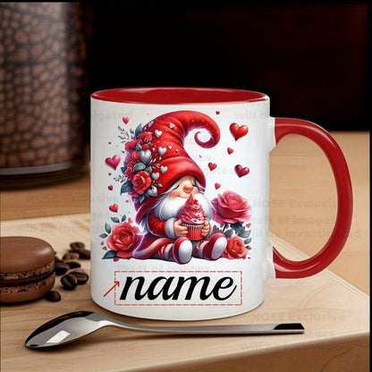 Personalized "Valentine Gnome with Cupcake & Roses" Ceramic Coffee Mug – Custom Name Romantic Gnome, Love & Sweet Treats Novelty Cup (M1155)