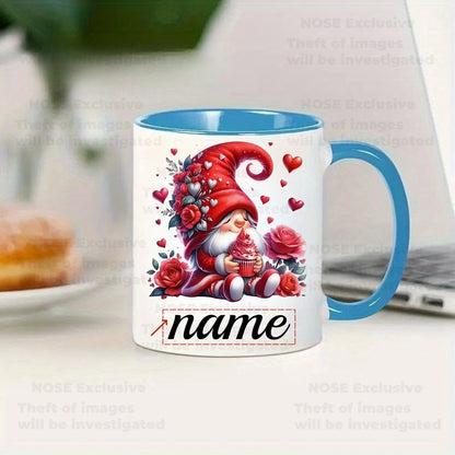 Personalized "Valentine Gnome with Cupcake & Roses" Ceramic Coffee Mug – Custom Name Romantic Gnome, Love & Sweet Treats Novelty Cup (M1155)