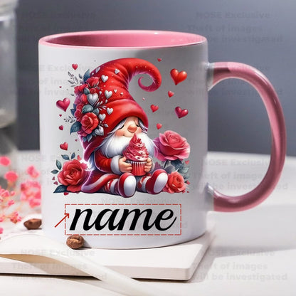 Personalized "Valentine Gnome with Cupcake & Roses" Ceramic Coffee Mug – Custom Name Romantic Gnome, Love & Sweet Treats Novelty Cup (M1155)