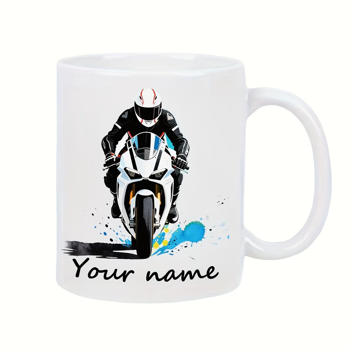 Personalized "White Superbike" Motorcycle Ceramic Coffee Mug – Custom Name Sports Bike Racing Novelty Cup (M1103)
