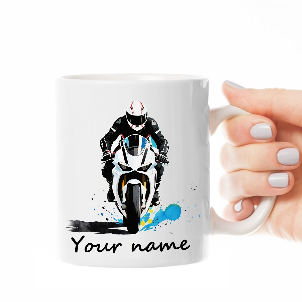 Personalized "White Superbike" Motorcycle Ceramic Coffee Mug – Custom Name Sports Bike Racing Novelty Cup (M1103)
