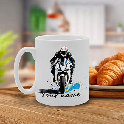 Personalized "White Superbike" Motorcycle Ceramic Coffee Mug – Custom Name Sports Bike Racing Novelty Cup (M1103)