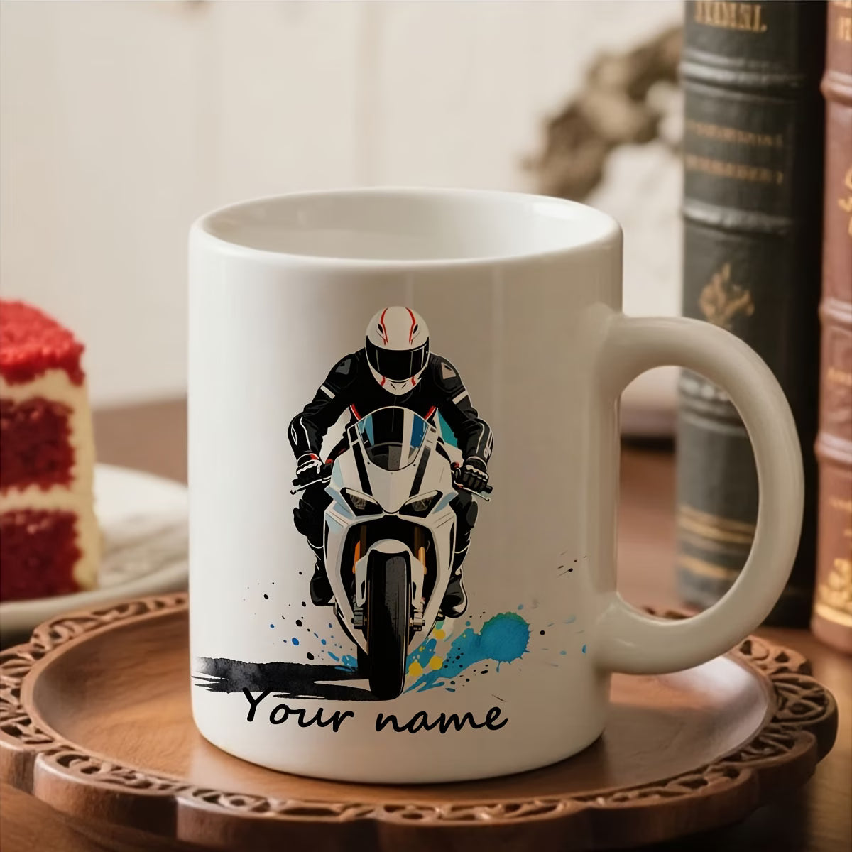 Personalized "White Superbike" Motorcycle Ceramic Coffee Mug – Custom Name Sports Bike Racing Novelty Cup (M1103)
