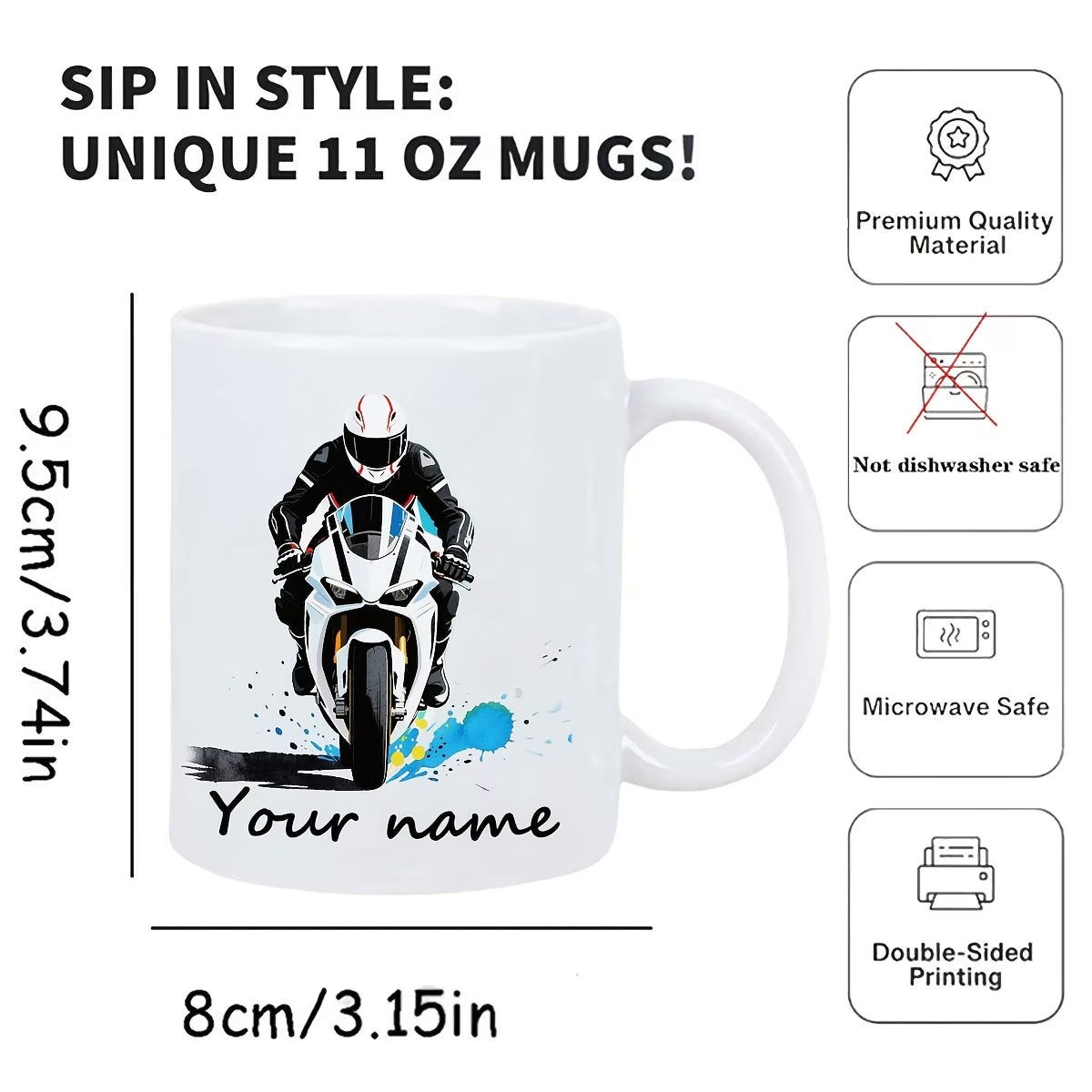Personalized "White Superbike" Motorcycle Ceramic Coffee Mug – Custom Name Sports Bike Racing Novelty Cup (M1103)
