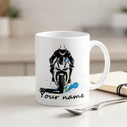 Personalized "White Superbike" Motorcycle Ceramic Coffee Mug – Custom Name Sports Bike Racing Novelty Cup (M1103)