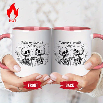Cute "You're My Favorite Weirdo" Skeletons Ceramic Coffee Mug – Romantic & Spooky Couple Novelty Cup with Black Accent (M1108)