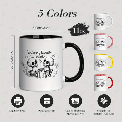 Cute "You're My Favorite Weirdo" Skeletons Ceramic Coffee Mug – Romantic & Spooky Couple Novelty Cup with Black Accent (M1108)