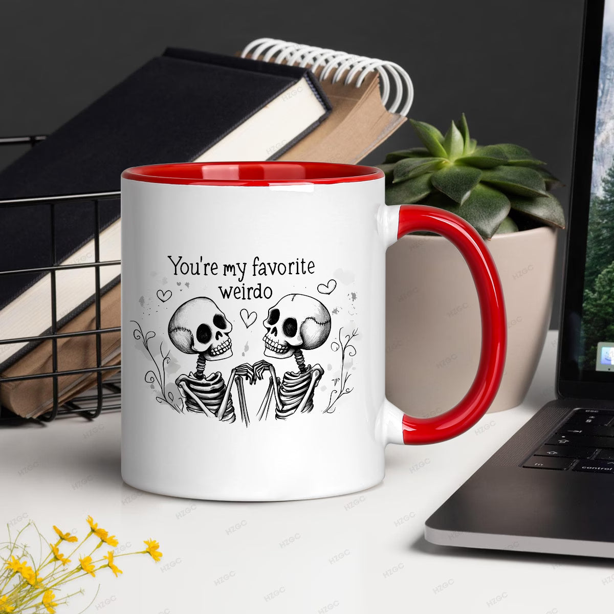 Cute "You're My Favorite Weirdo" Skeletons Ceramic Coffee Mug – Romantic & Spooky Couple Novelty Cup with Black Accent (M1108)