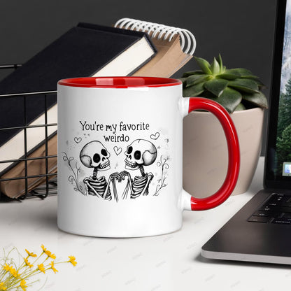 Cute "You're My Favorite Weirdo" Skeletons Ceramic Coffee Mug – Romantic & Spooky Couple Novelty Cup with Black Accent (M1108)