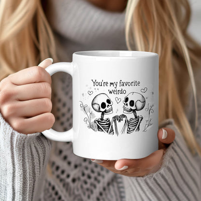 Cute "You're My Favorite Weirdo" Skeletons Ceramic Coffee Mug – Romantic & Spooky Couple Novelty Cup with Black Accent (M1108)