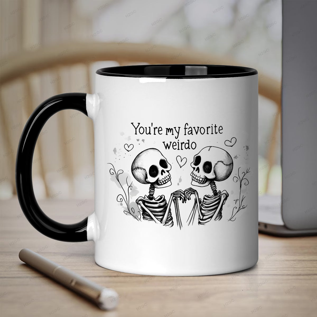 Cute "You're My Favorite Weirdo" Skeletons Ceramic Coffee Mug – Romantic & Spooky Couple Novelty Cup with Black Accent (M1108)