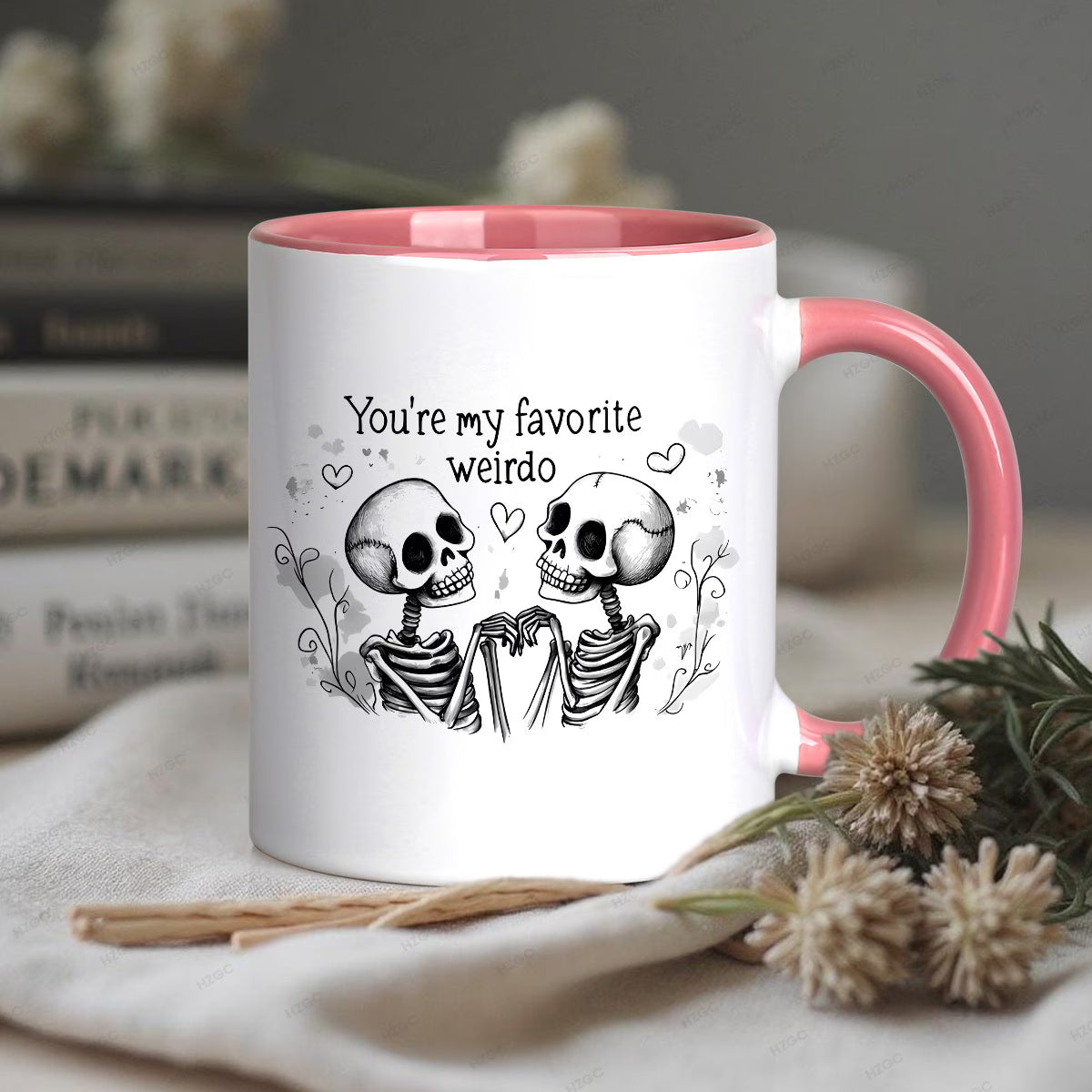 Cute "You're My Favorite Weirdo" Skeletons Ceramic Coffee Mug – Romantic & Spooky Couple Novelty Cup with Black Accent (M1108)