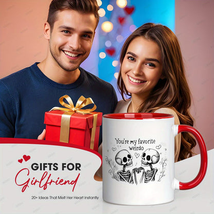 Cute "You're My Favorite Weirdo" Skeletons Ceramic Coffee Mug – Romantic & Spooky Couple Novelty Cup with Black Accent (M1108)
