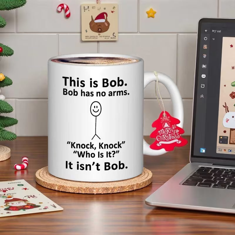 Sarcastic "This is Bob Bob Has No Arms" Stick Figure Joke Mug – Hilarious Knock-Knock Gag Coffee Cup (M1046)