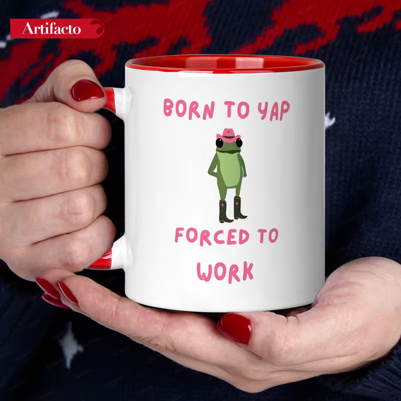 Funny "Born to Yap Forced to Work" Cowboy Frog Ceramic Coffee Mug (M1018)