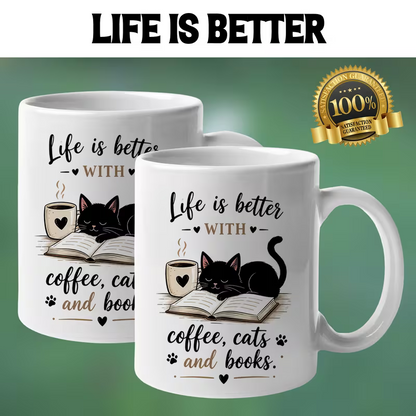 Cozy "Life Is Better With Coffee, Cats And Books" Cute Black Cat Ceramic Coffee Mug – Book Lover & Feline Novelty Cup (M1072)