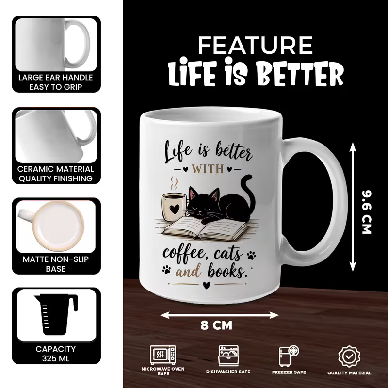 Cozy "Life Is Better With Coffee, Cats And Books" Cute Black Cat Ceramic Coffee Mug – Book Lover & Feline Novelty Cup (M1072)