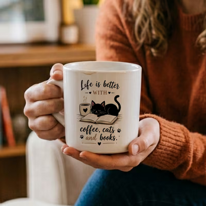 Cozy "Life Is Better With Coffee, Cats And Books" Cute Black Cat Ceramic Coffee Mug – Book Lover & Feline Novelty Cup (M1072)
