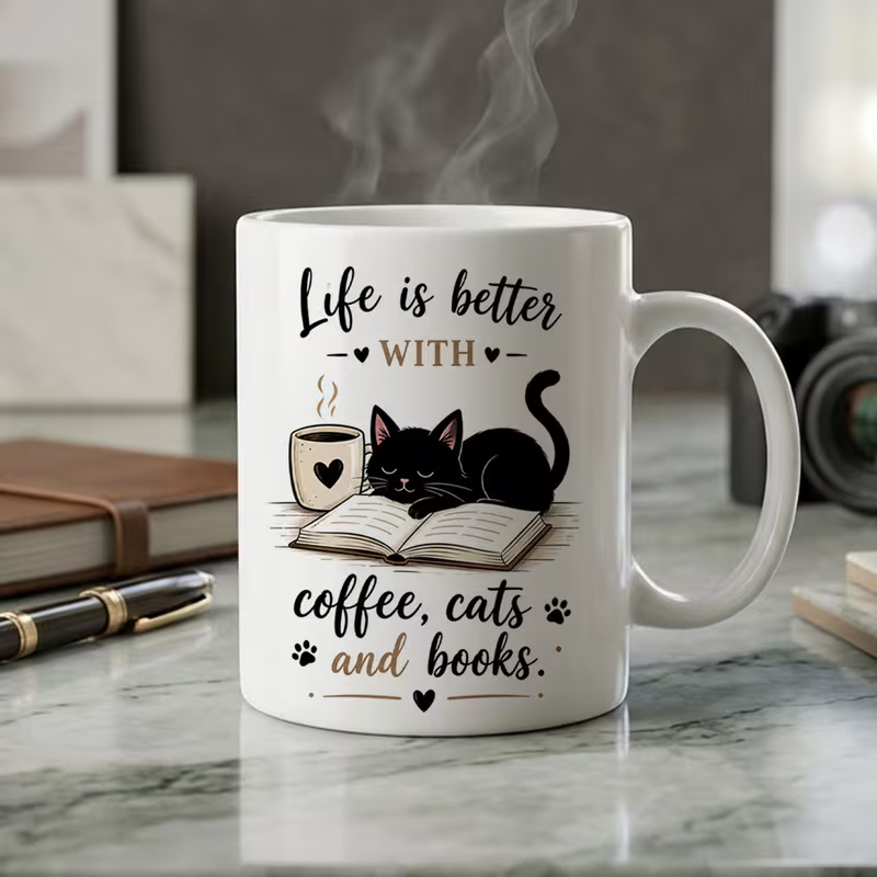 Cozy "Life Is Better With Coffee, Cats And Books" Cute Black Cat Ceramic Coffee Mug – Book Lover & Feline Novelty Cup (M1072)