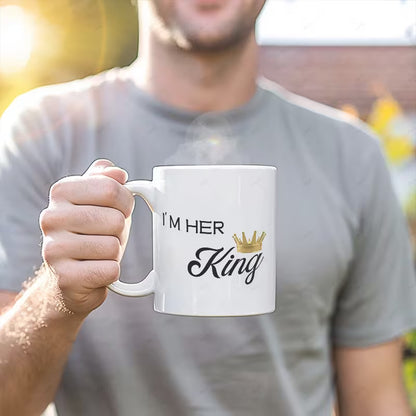 "I'm Her King & I'm His Queen" Couple Matching Coffee Mugs Set of 2 – Cute Crown Ceramic Tea Cups (M1011)