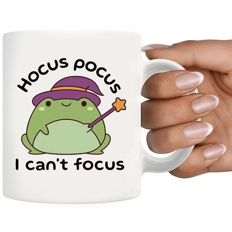 Funny "Hocus Pocus I Can't Focus" Cute Witch Frog Ceramic Coffee Mug – Witty Novelty Cup (M1034)