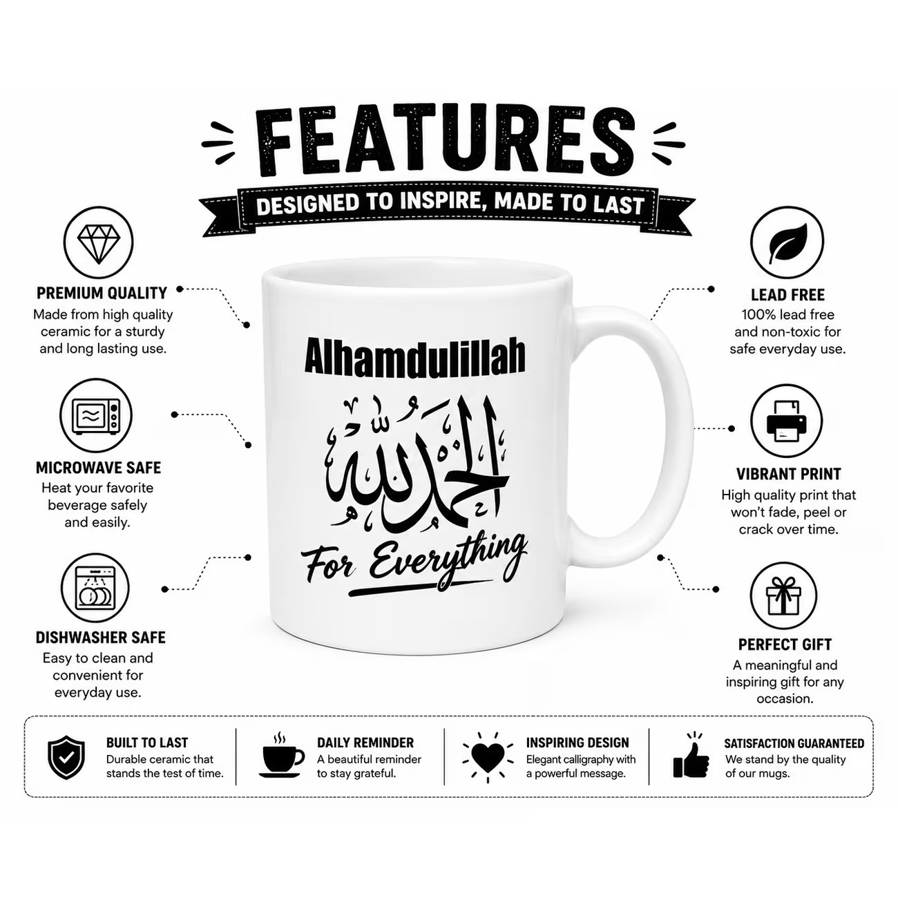 "Alhamdulillah For Everything" Arabic Calligraphy Ceramic Coffee Mug – Inspirational Islamic Quote Gift (M1016)