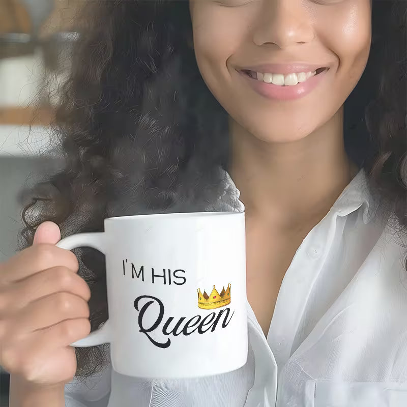"I'm Her King & I'm His Queen" Couple Matching Coffee Mugs Set of 2 – Cute Crown Ceramic Tea Cups (M1011)