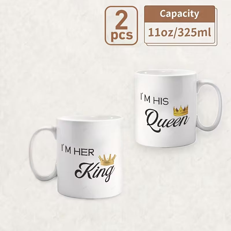 "I'm Her King & I'm His Queen" Couple Matching Coffee Mugs Set of 2 – Cute Crown Ceramic Tea Cups (M1011)
