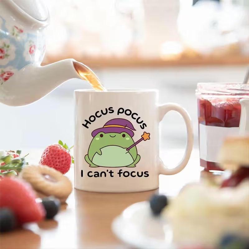 Funny "Hocus Pocus I Can't Focus" Cute Witch Frog Ceramic Coffee Mug – Witty Novelty Cup (M1034)