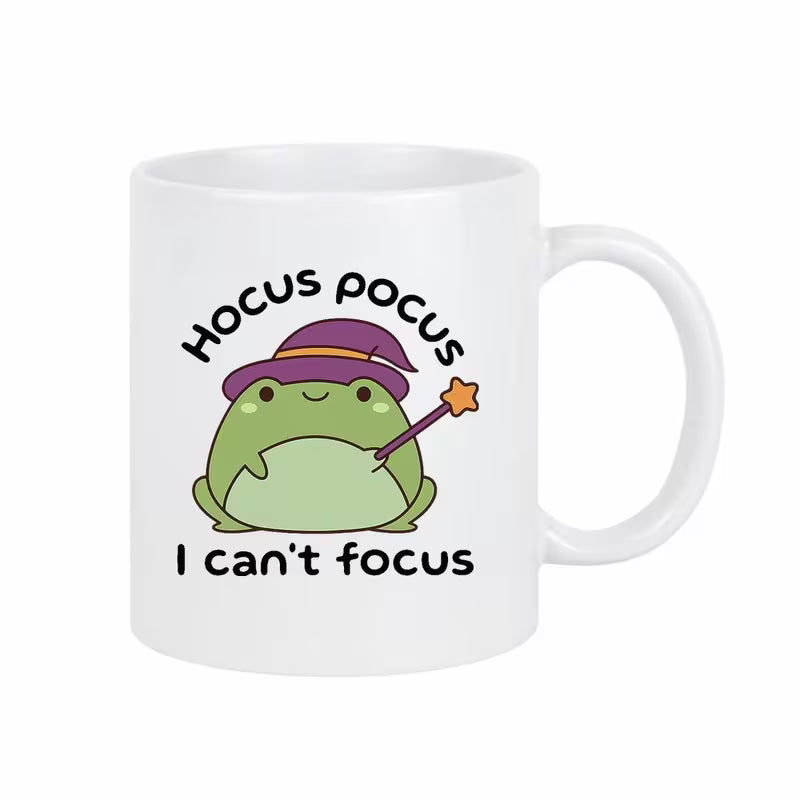 Funny "Hocus Pocus I Can't Focus" Cute Witch Frog Ceramic Coffee Mug – Witty Novelty Cup (M1034)