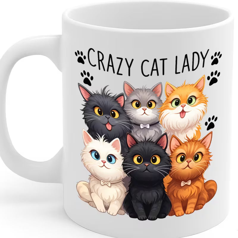 Funny "Crazy Cat Lady" Novelty Coffee Mug | Cute Cartoon Cats Graphic Ceramic Tea Cup – Perfect Gift for Cat Lovers (M1001)