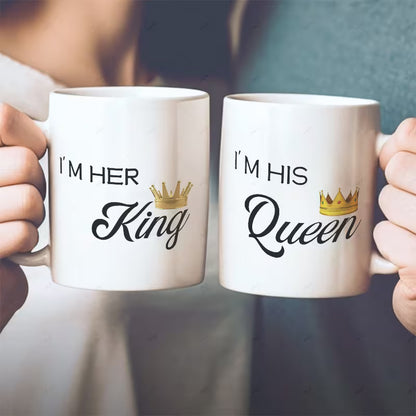 "I'm Her King & I'm His Queen" Couple Matching Coffee Mugs Set of 2 – Cute Crown Ceramic Tea Cups (M1011)