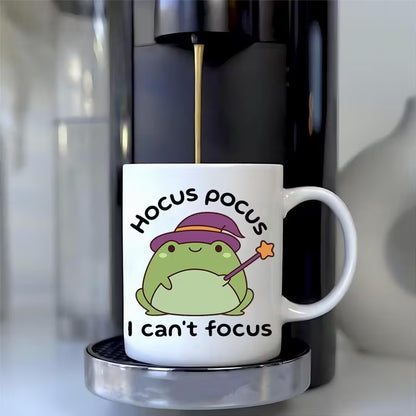 Funny "Hocus Pocus I Can't Focus" Cute Witch Frog Ceramic Coffee Mug – Witty Novelty Cup (M1034)