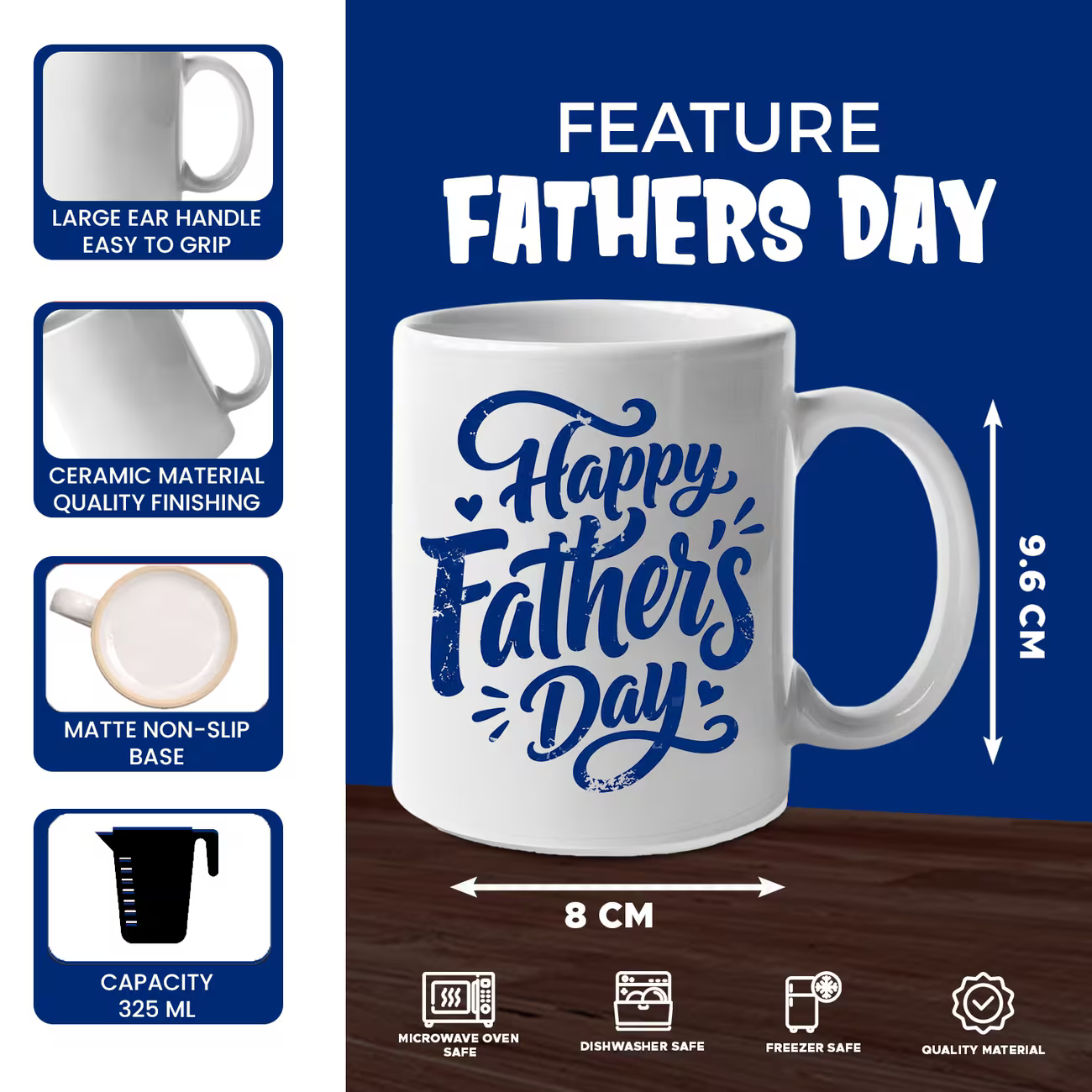 Heartwarming "Happy Father's Day" Blue Script Ceramic Coffee Mug – Classic Dad Appreciation Gift Cup (M1066)