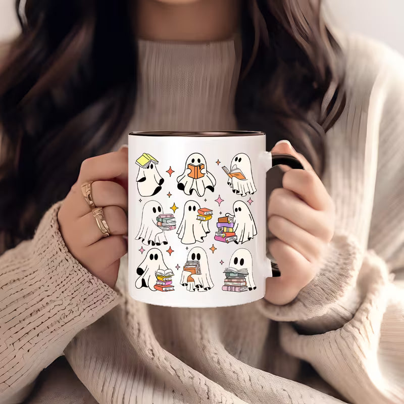 Bookish Ghost Reading Pattern Ceramic Coffee Mug – Black Rim & Handle Cute Spooky Reader Gift (M1025)