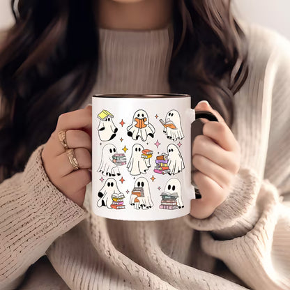 Bookish Ghost Reading Pattern Ceramic Coffee Mug – Black Rim & Handle Cute Spooky Reader Gift (M1025)