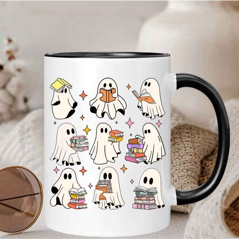 Bookish Ghost Reading Pattern Ceramic Coffee Mug – Black Rim & Handle Cute Spooky Reader Gift (M1025)