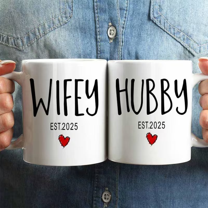 Personalized "Wifey & Hubby" Matching Couple Ceramic Coffee Mugs – Wedding & Anniversary Gift Set Cup (M1058)