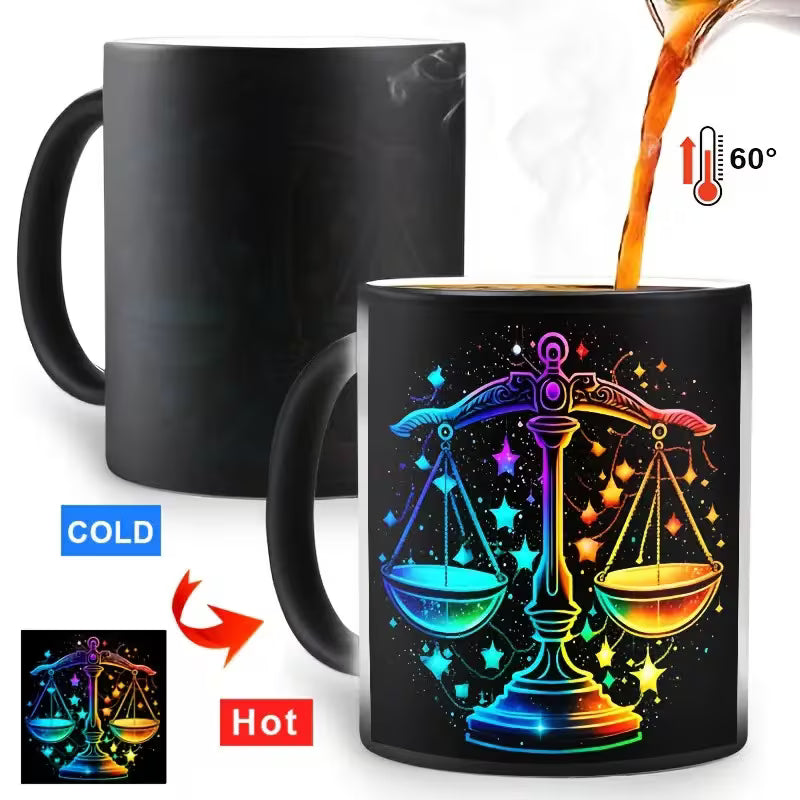 Cosmic Libra Zodiac Magic Color Changing Coffee Mug – Heat-Sensitive Starry Galaxy Scales Cup (M1042)