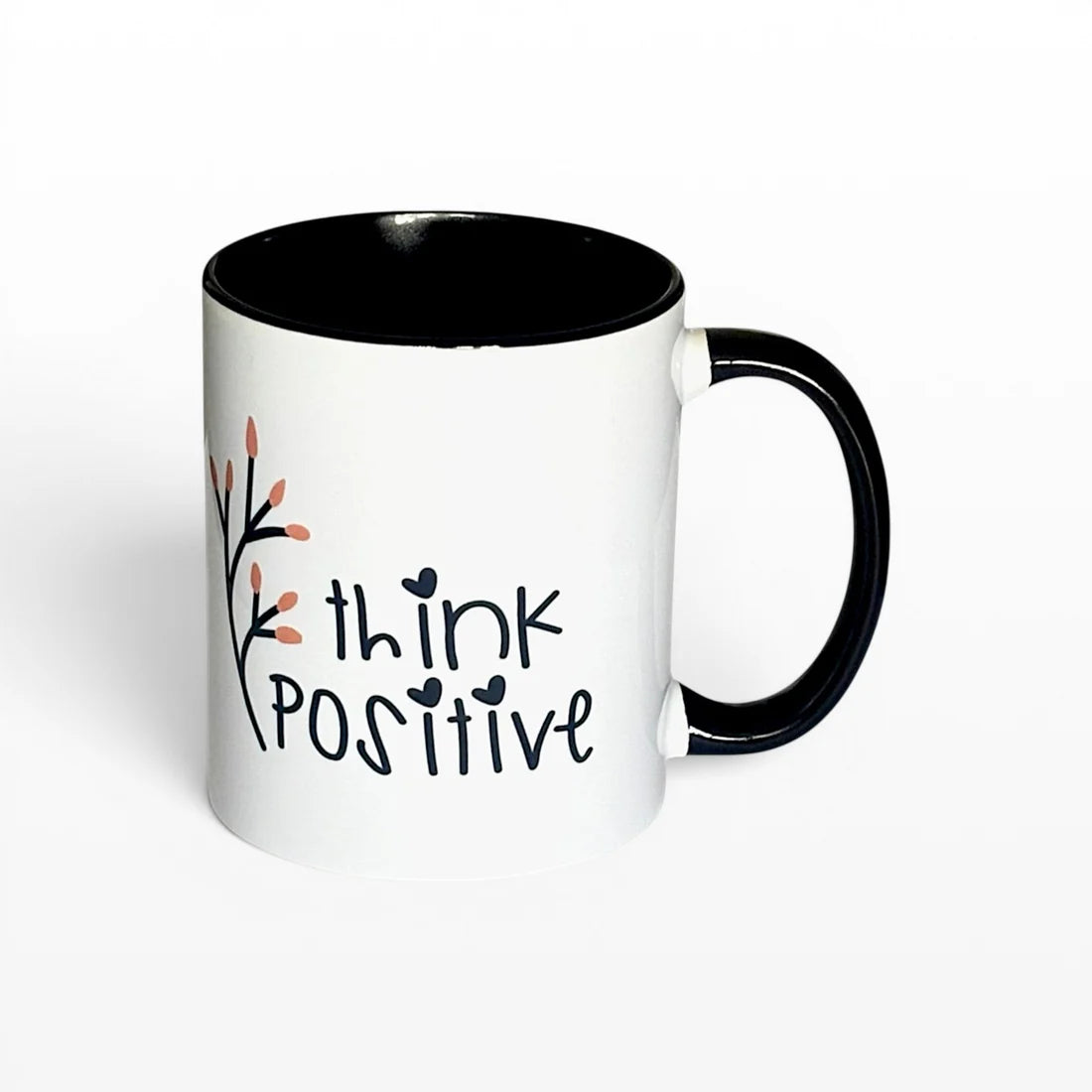 Uplifting "Think Positive" Floral Quote Ceramic Coffee Mug – Motivational Black Rim & Handle Tea Cup (M1050)